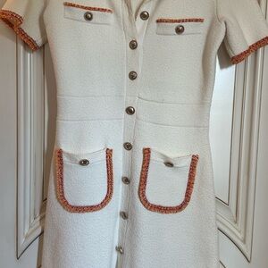 Chic White Button-Down Dress with Orange Trim